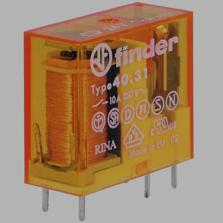 رله شیشه ای کتابی تک کنتاکت فیندر finder مدل 40.31 - 24 AC ولت ، 10 آمپر ، 5 پایه