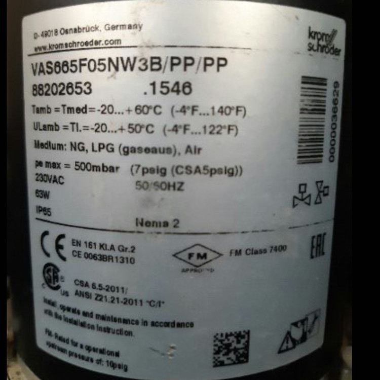 شیر برقی گاز کروم شرودر Kromschroder VAS 665F05NW3B-PP-PP . کد فنی 88202653